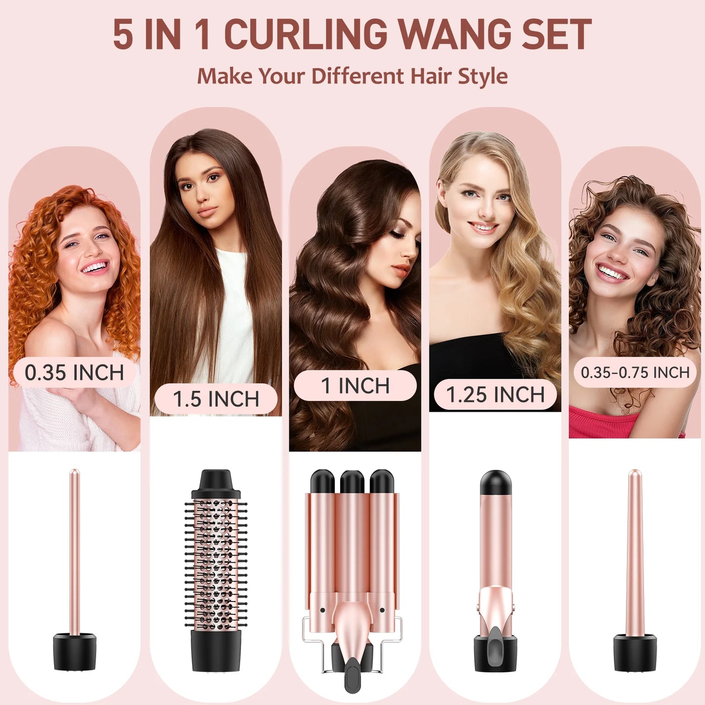5-In-1 Curling Iron Set, Hair Waver, Curling Irons for Hair, Curling Wand Set, Hair Crimper Hair Curler, Hair Tool Kit with Thermal Brush, Gift for Women, Pink