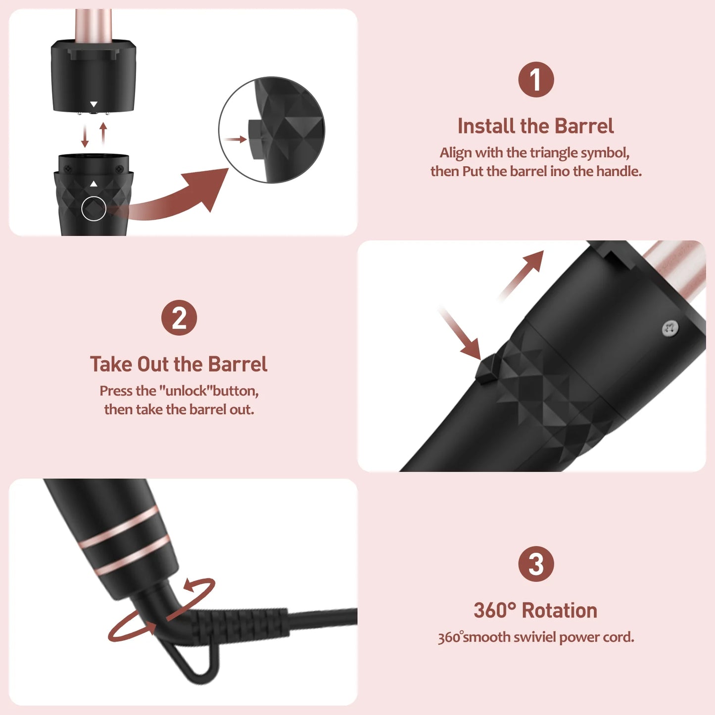 5-In-1 Curling Iron Set, Hair Waver, Curling Irons for Hair, Curling Wand Set, Hair Crimper Hair Curler, Hair Tool Kit with Thermal Brush, Gift for Women, Pink