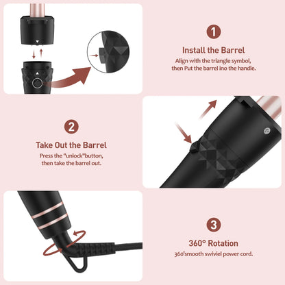 5-In-1 Curling Iron Set, Hair Waver, Curling Irons for Hair, Curling Wand Set, Hair Crimper Hair Curler, Hair Tool Kit with Thermal Brush, Gift for Women, Pink